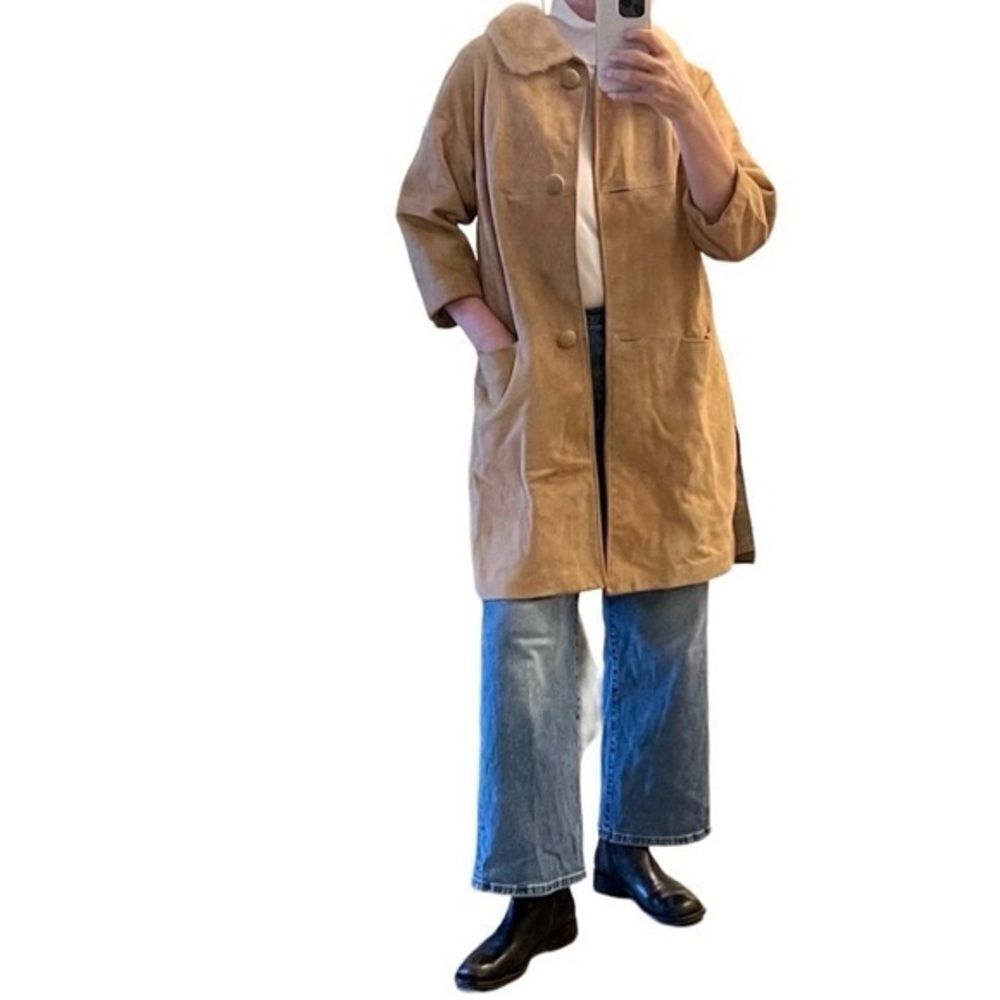 Vtg 50s Suede Leather Jacket Mink Fur Collar Cream 3/4 Sleeve Field Coat L - Picture 5 of 16